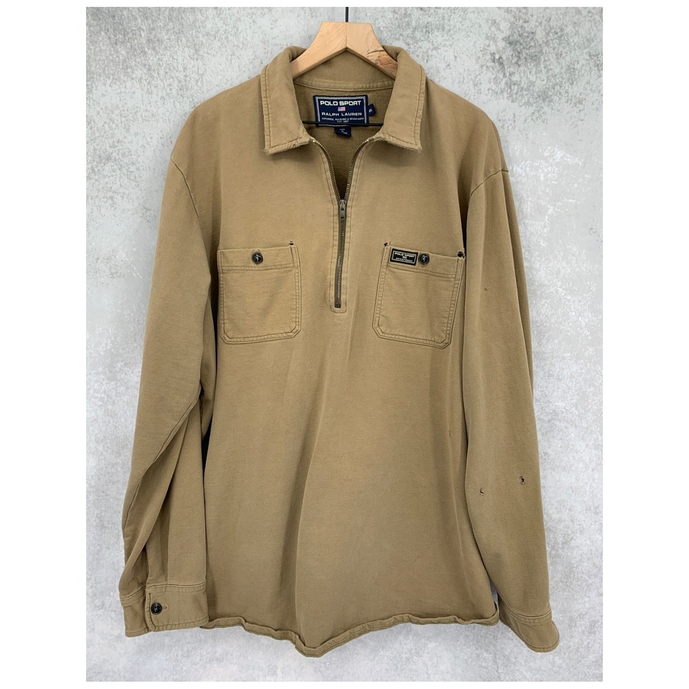 Vintage Polo Ralph Lauren Sweater Mens XXL Tan Sport Distressed 1/4 Zip 90s